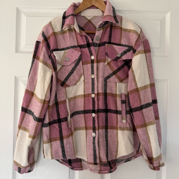 Pink and cream plaid shacket - Picture 2 of 7